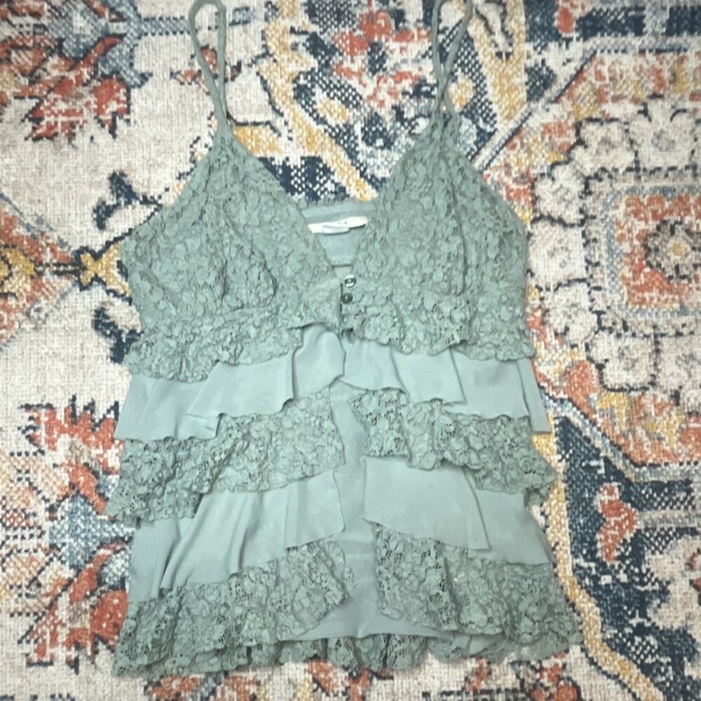 Urban Outfitters Kimchi Blue Nina Ruffle Flyaway Cami Sage Green Lace Y2K XS